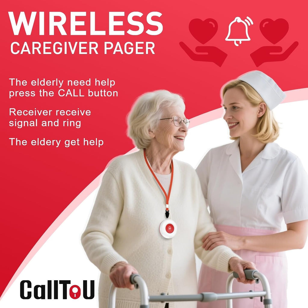 CallToU Caregiver Pager Wireless Call Button Nurse Alert System Home Care | Easy to Use, 500+FT Through-Wall, Peace of Mind, Waterproof Call Button for Elderly, Seniors, Patients and Home Caregivers