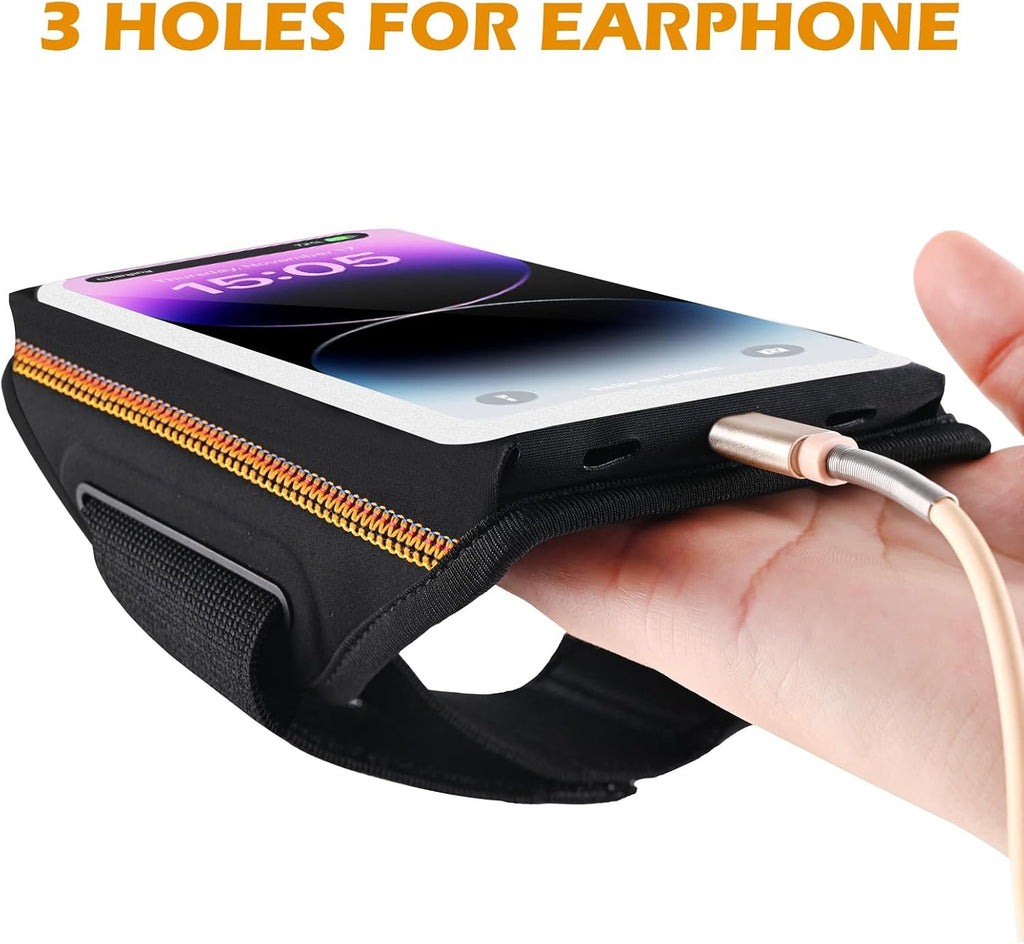 Running Armband with Earphone Bag Cell Phone Armband for iPhone 17 16 15 Pro 14 Plus 13 11 XR, Galaxy S24/S10 Water Resistant Sports Phone Holder Case & Zipper Slot Car Key Holder for 6.9 inch Phone