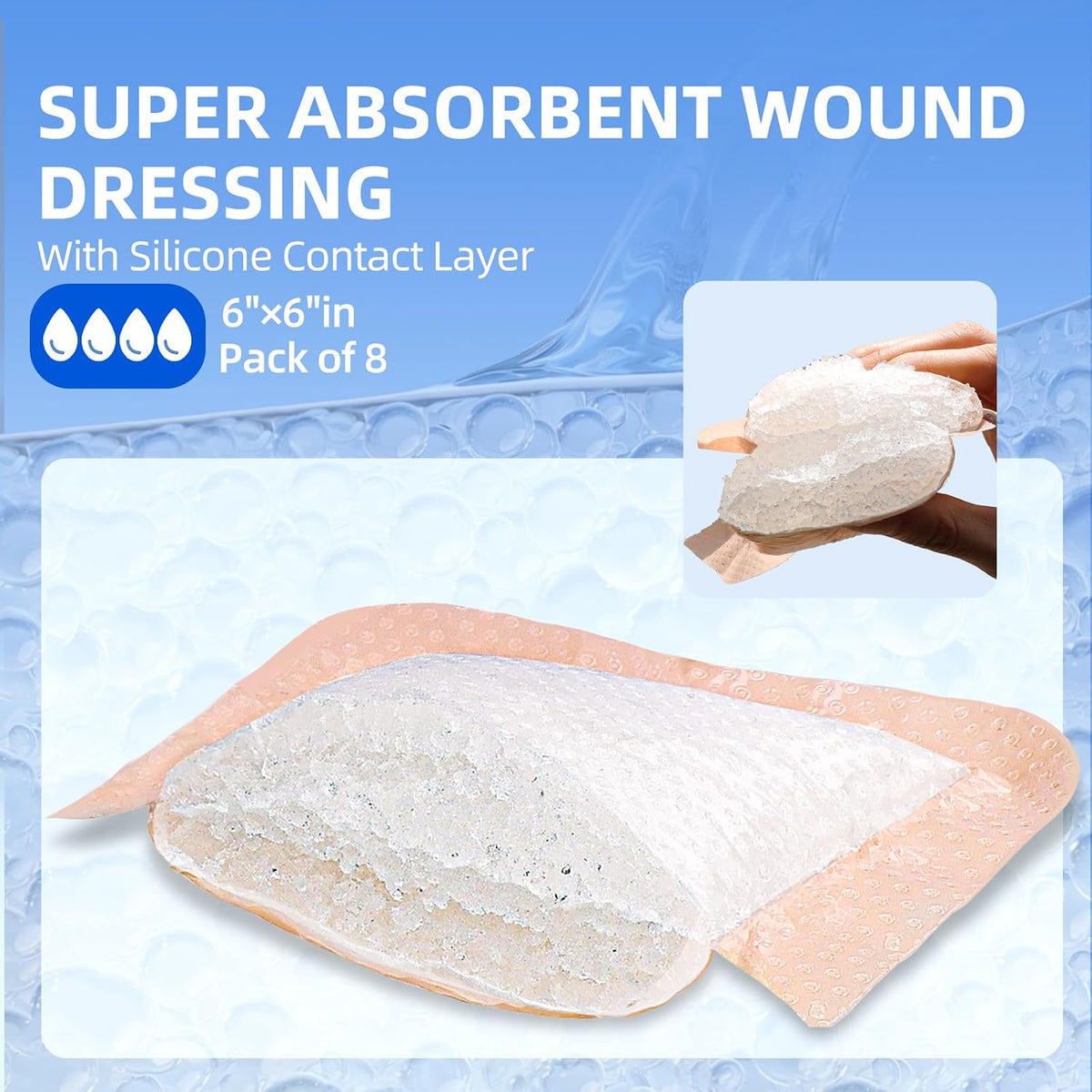 Niceful Super Absorbent Silicone Wound Dressing Large Bandages, 6"x6" 8Pcs | Gentle Silicone, High Absorbency, Ideal for Large Wounds (Shoulder/Hip/Knee), Pressure Ulcers & Surgical Wounds