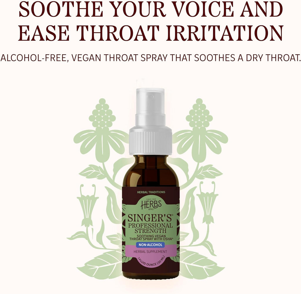 Herbs Etc. Singer's Saving Grace Professional Strength Spray - Plant-Based Soothing Throat Spray for Voice Care - Comfort Irritated Tissues - Vocal Cord Support - Non-Alcohol - 1 fl oz (75 Servings)