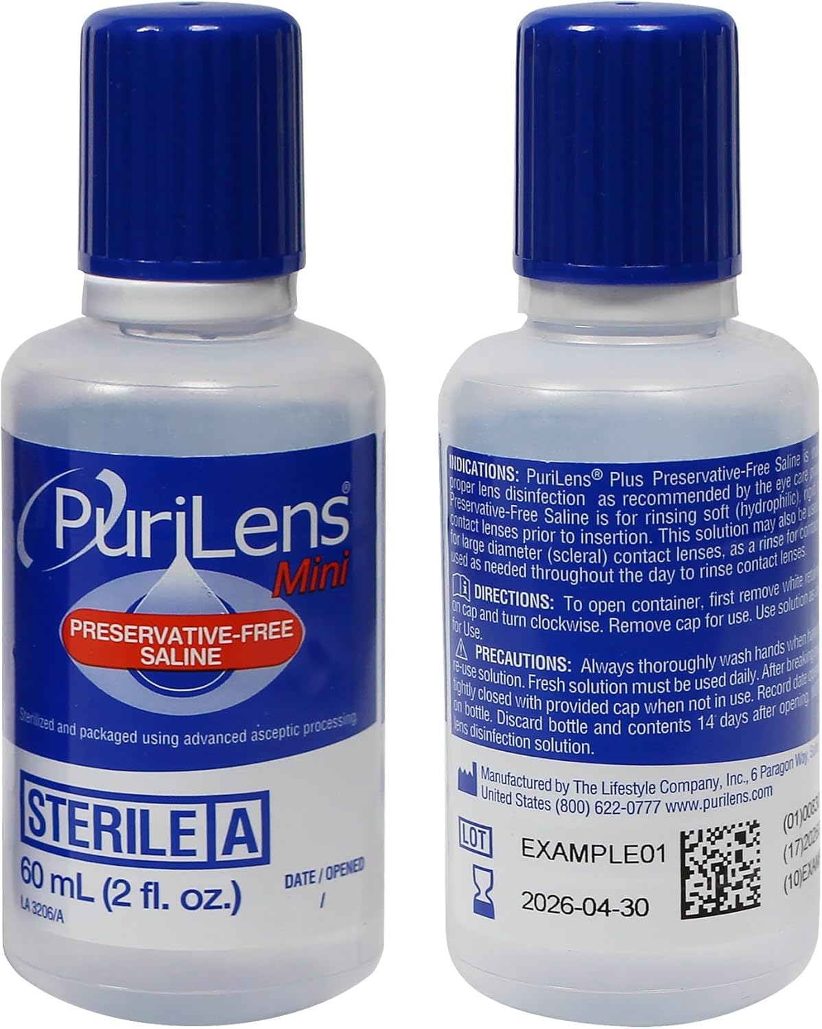 Purilens Mini Preservative-Free Contact Lens Saline 60ml (2 fl. oz.) 2 Pack