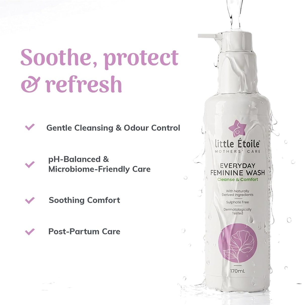 Little Étoile Mothers' Care Everyday Feminine Wash, Sulphate-Free pH Balanced Intimate Wash for Women with Aloe Vera, Calendula & Centella, Gentle Cleanser for Pregnancy, 170 ml