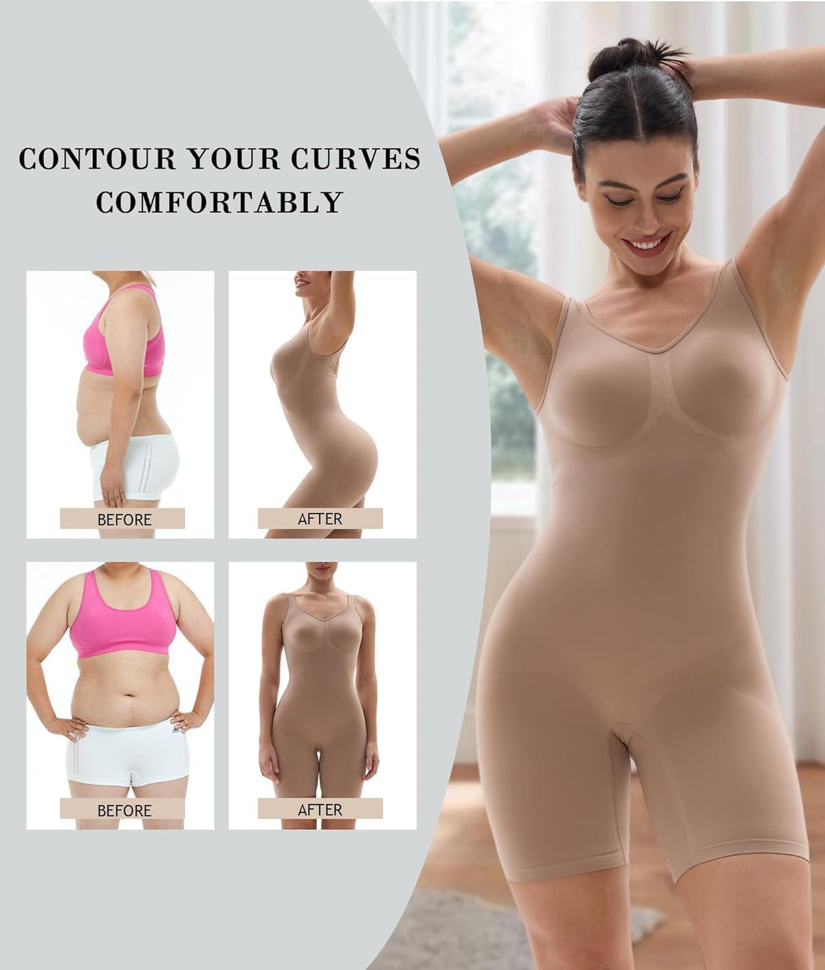 SHAPERX Women's Shaping Mid-Thigh Bodysuit Tummy Control Shapewear Seamless Full Body Shaper