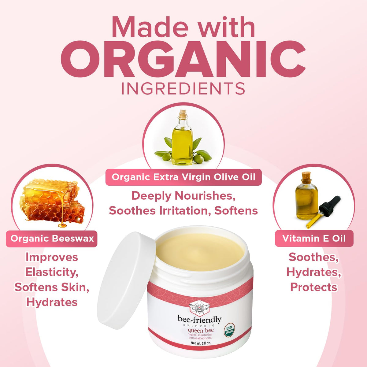 BeeFriendly Organic Vaginal Moisturizer, USDA Certified, Natural Vulva Cream For Dryness, Itching, Irritation, Redness, Chafing Of Vagina Due To Menopause & Thinning 2 oz