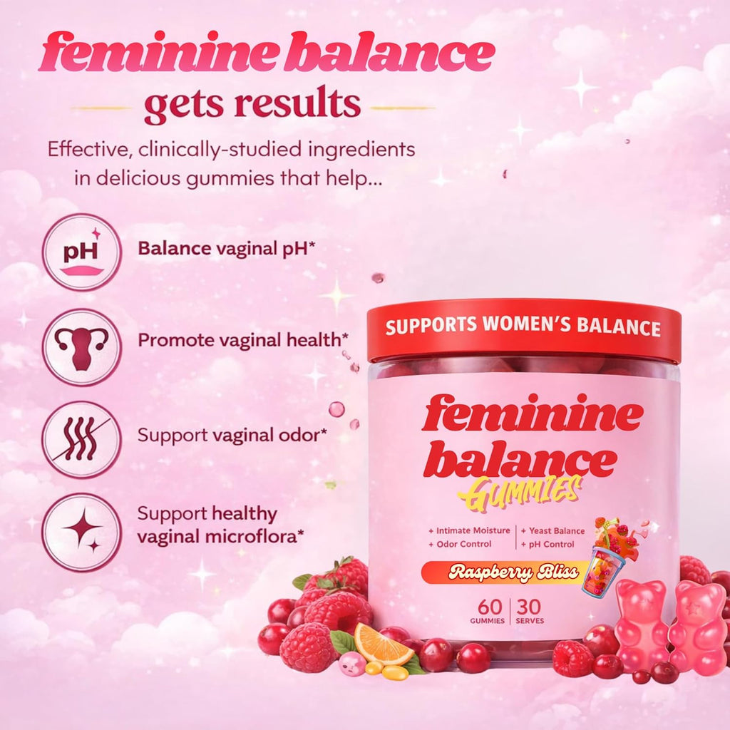 Feminine Balance Gummies for Women – Vaginal Probiotic Gummy Supports Women's Balance and Wellness – Women’s Daily Health Supplement - Raspberry Flavour 60 Gummies 30 Serves