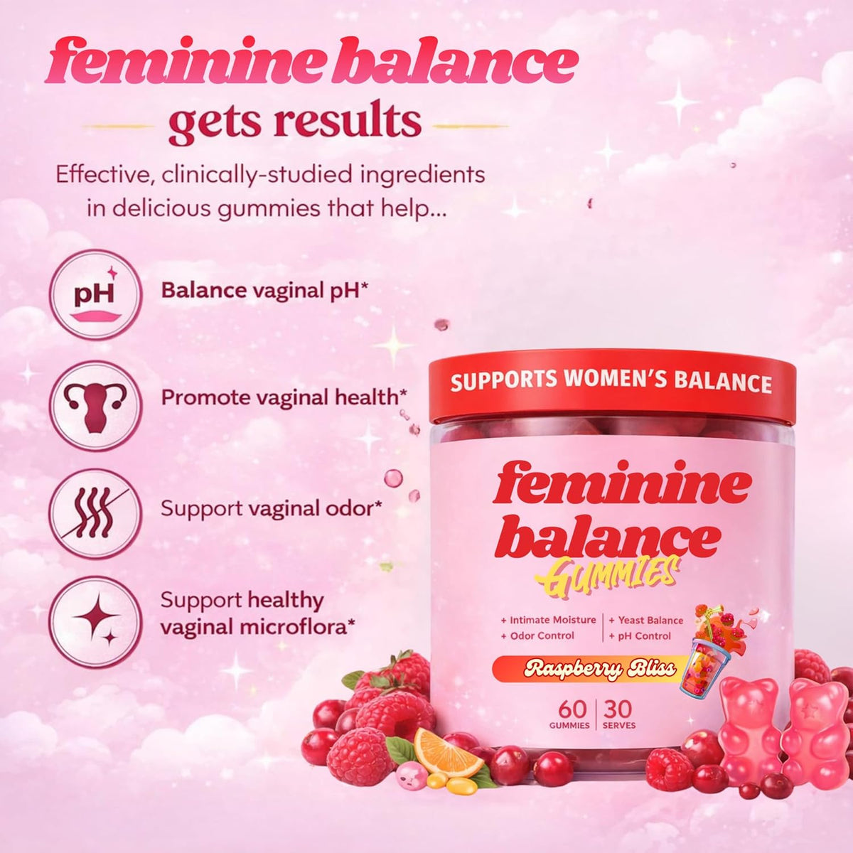 Feminine Balance Gummies for Women – Vaginal Probiotic Gummy Supports Women's Balance and Wellness – Women’s Daily Health Supplement - Raspberry Flavour 60 Gummies 30 Serves