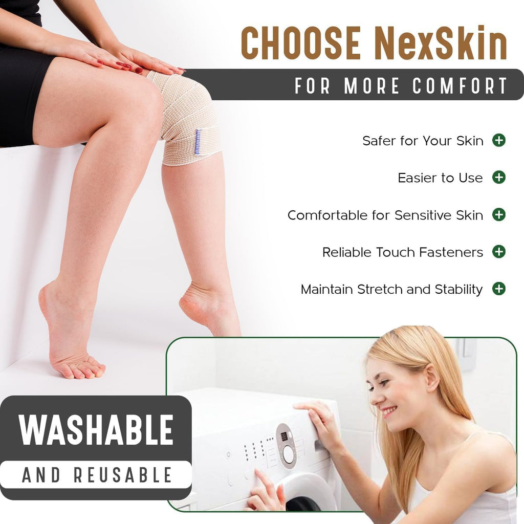 Premium Elastic Bandage Wrap (3” Wide, 2 Pack) - Nexskin Latex Free Athletic/Medical Compression Bandages Hook & Loop Fasteners at Both Ends - Lifetime Washable & Reusable Bandages