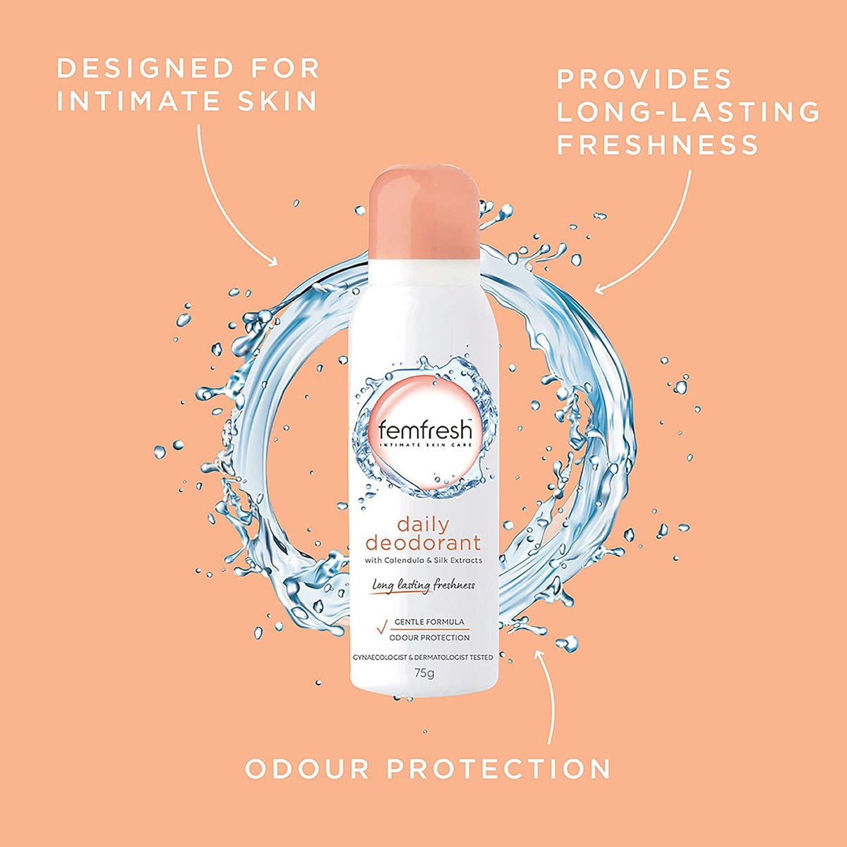 Femfresh Daily Deodorant 75g, Long-Lasting Freshness and Comfort for Intimate Skin, With Calendula & Silk Extracts, Odour Protection, Dermatologically & Gynaecologically Tested