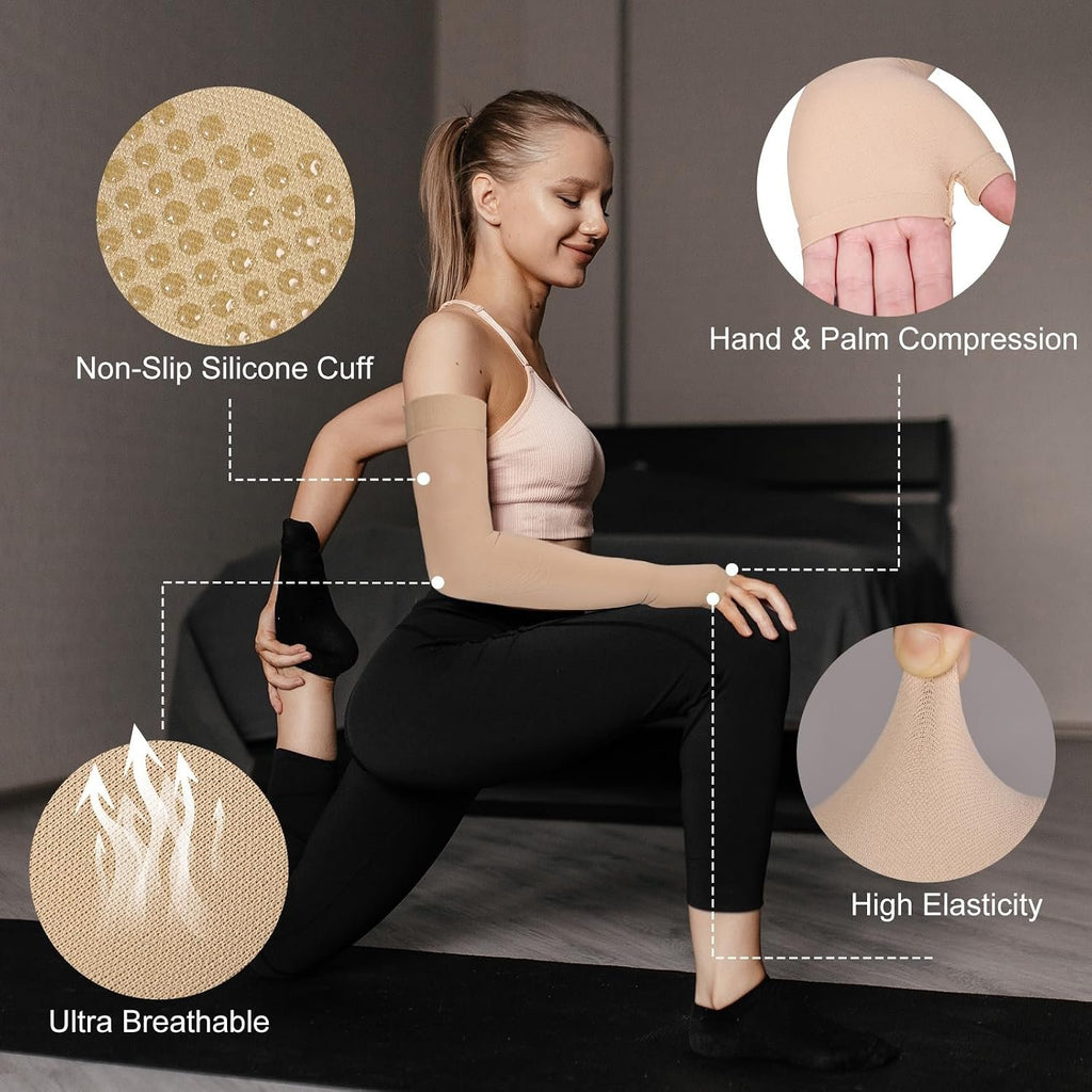 Hiball Lymphedema Medical Compression Arm Sleeve with Gauntlet, 20-30 mmHg Graduated Compression Full Arm Support for Women Men, Long Pressure Arm Hand Brace for Arthritis, Bursitis, Edema, Nerve Pain