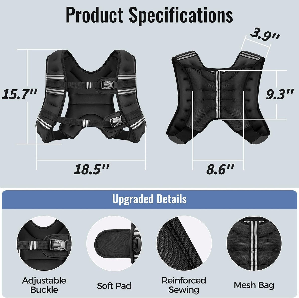 Zeerun Weighted Vest, 6lb/8lb/10lb/12lb/15lb/18lb/20lb/24lb/30lb for Men Women, Reflective Stripe Adjustable Buckle, Comfortable Durable Rucking Vest for Walking Running Strength Training