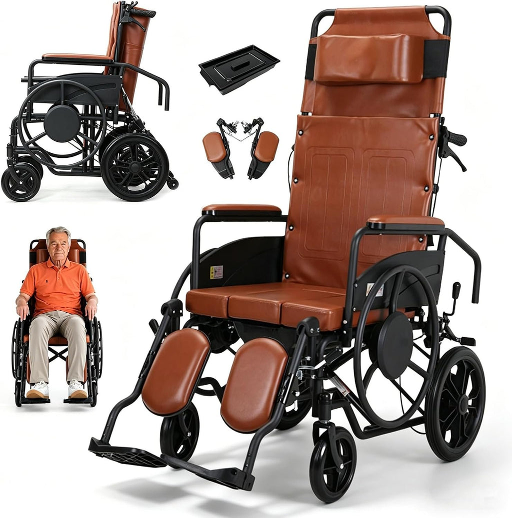 High Back Reclining Wheelchair for Adults 180° Full Recline