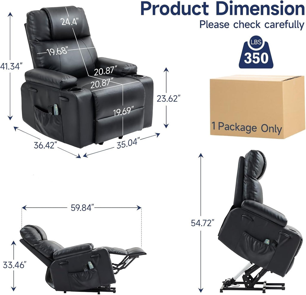 Power Lift Recliner Electric Chair for Elderly with USB Charge Port, Black | Fits 5'2"–5'9" Heights, PU Leather Recliner with Massage & Heat, 160° Adjustable Recline, Stand Assist, Remote, Cup Holders
