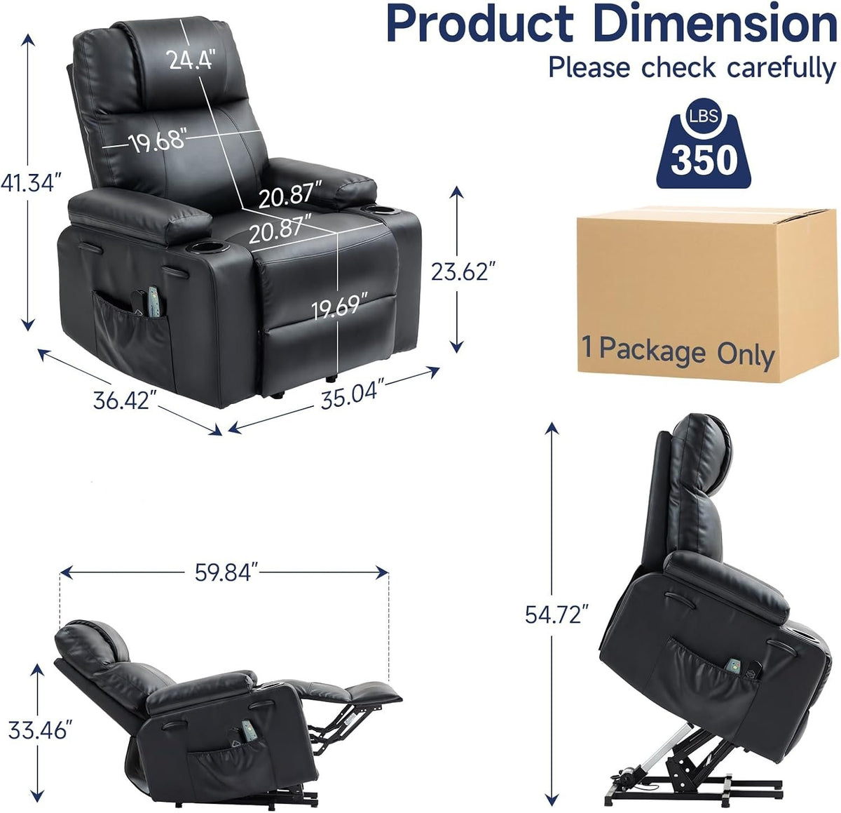Power Lift Recliner Electric Chair for Elderly with USB Charge Port, Black | Fits 5'2"–5'9" Heights, PU Leather Recliner with Massage & Heat, 160° Adjustable Recline, Stand Assist, Remote, Cup Holders