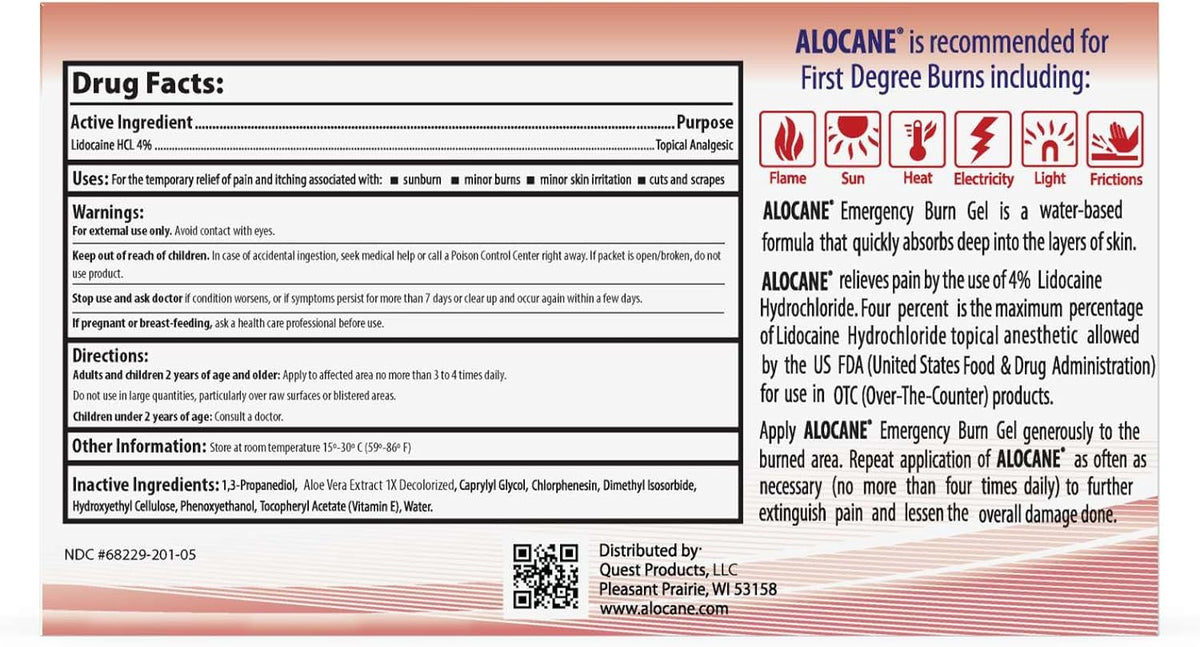 ALOCANE® Emergency Burn Gel Maximum Strength 4% Lidocaine Individual Use Packets,Commercial Grade, for Restaurants, Manufacturing, Other Heat Related Work environments, for Commercial Use Only, 24 Ct