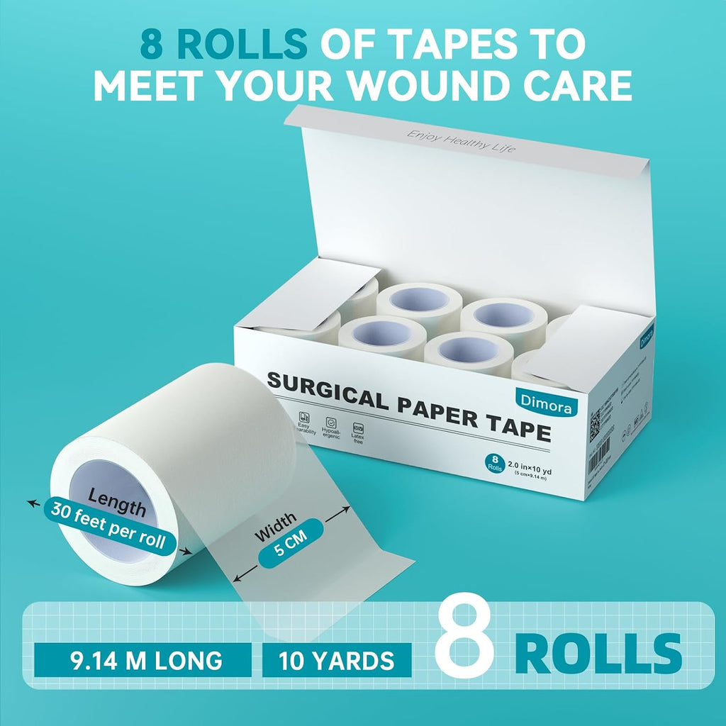 Dimora Paper Medical Tape, White, 8 Rolls, 2 Inch x 10 Yards | Hypoallergenic, For Sensitive Skin, Pain-Free Removal, Easy Tear, Waterproof