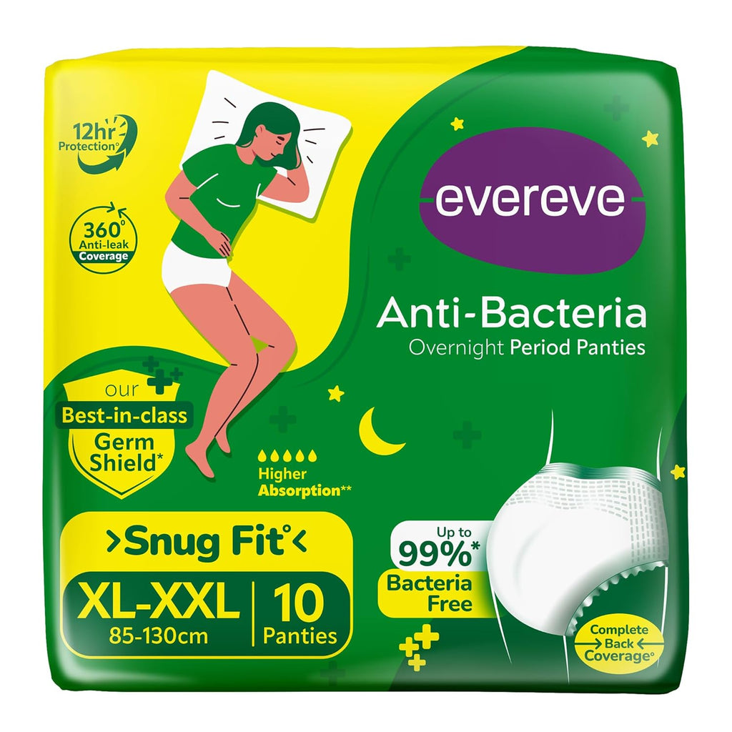 Evereve Anti Bacteria Period Panty for Girls & Women, (XL-XXL), 10 Pcs, 360 Degree Overnight Coverage, 99.9% Bacteria Free, High Absorbency for Heavy Flow, Maternity Postpartum Disposable Panty