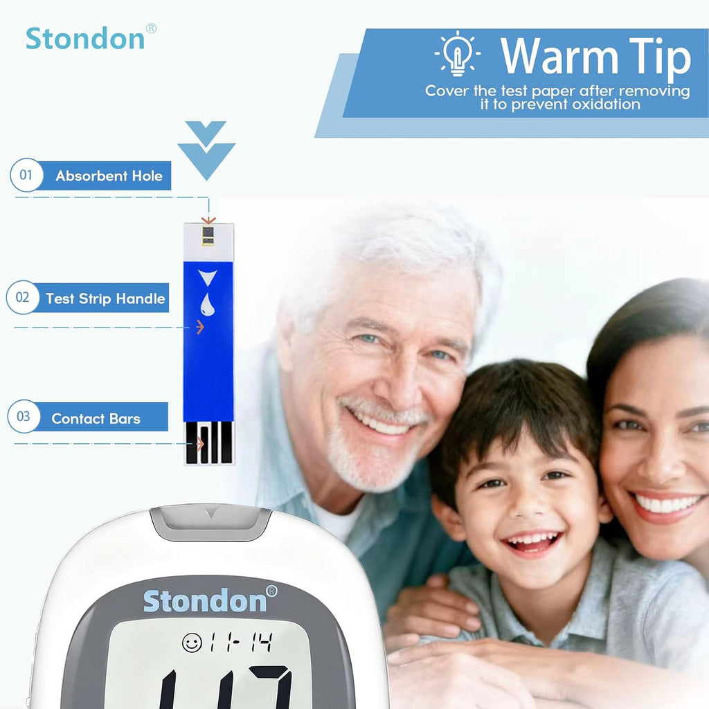 Stondon Blood Glucose Test Strips and Lancets, 100 Each, for G430/G520/G425 | Compatible with Stondon G430, G520 and G425-3 meters, no coding strips, single-use lancets, 100 tests