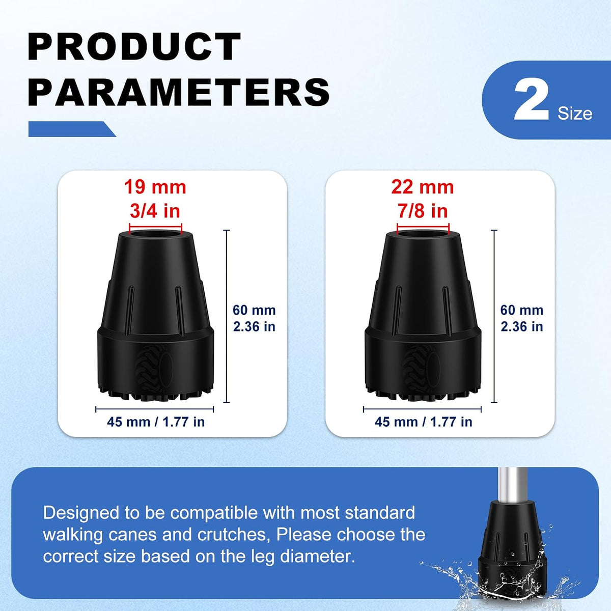 MFE Cane Tips 7/8 Inch, 2 Pack Non-Slip Rubber Tips for Canes, Crutches, and Walking Sticks, Heavy Duty Traction Base with Metal Insert for Superior Grip and Stability