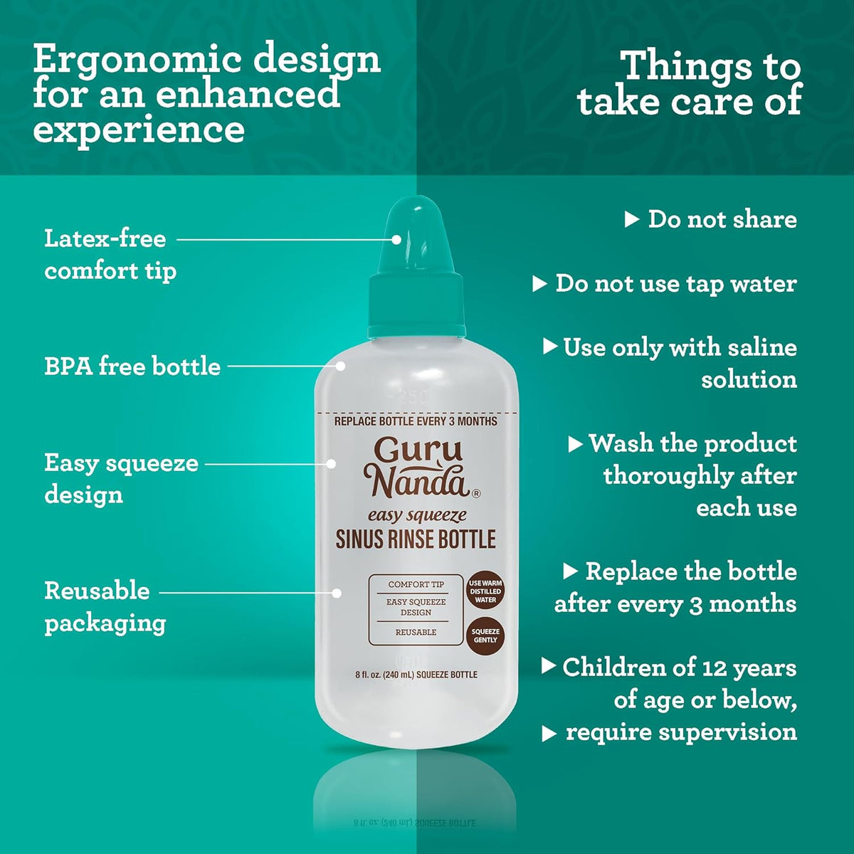 GuruNanda Sinus Rinse Bottle - Comfort Tip for Natural Nasal Irrigator Relief for Adults & Kids - 240ml Capacity