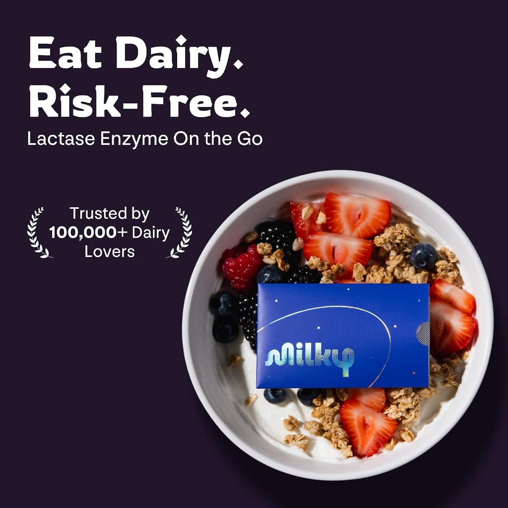Milky Lactose Intolerance Pills - 10,800 FCC - Dairy Relief for Lactose Intolerance - Lactase Enzyme Tablets - Portable Credit Card Sleeves - Bloating & Gas Relief (48 Count Astral Violet)