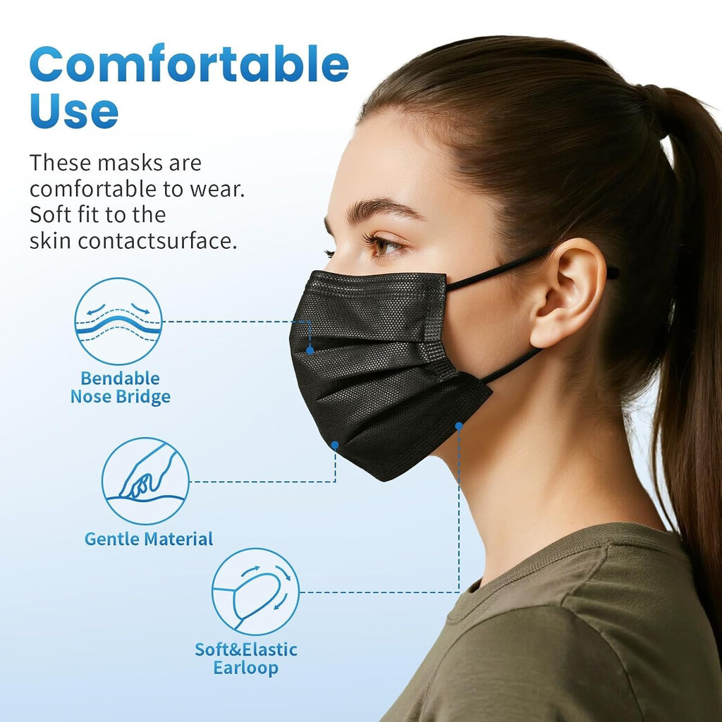 Disposable Face Mask, 100 PCS Black Masks, 3 Ply Protection Face Masks