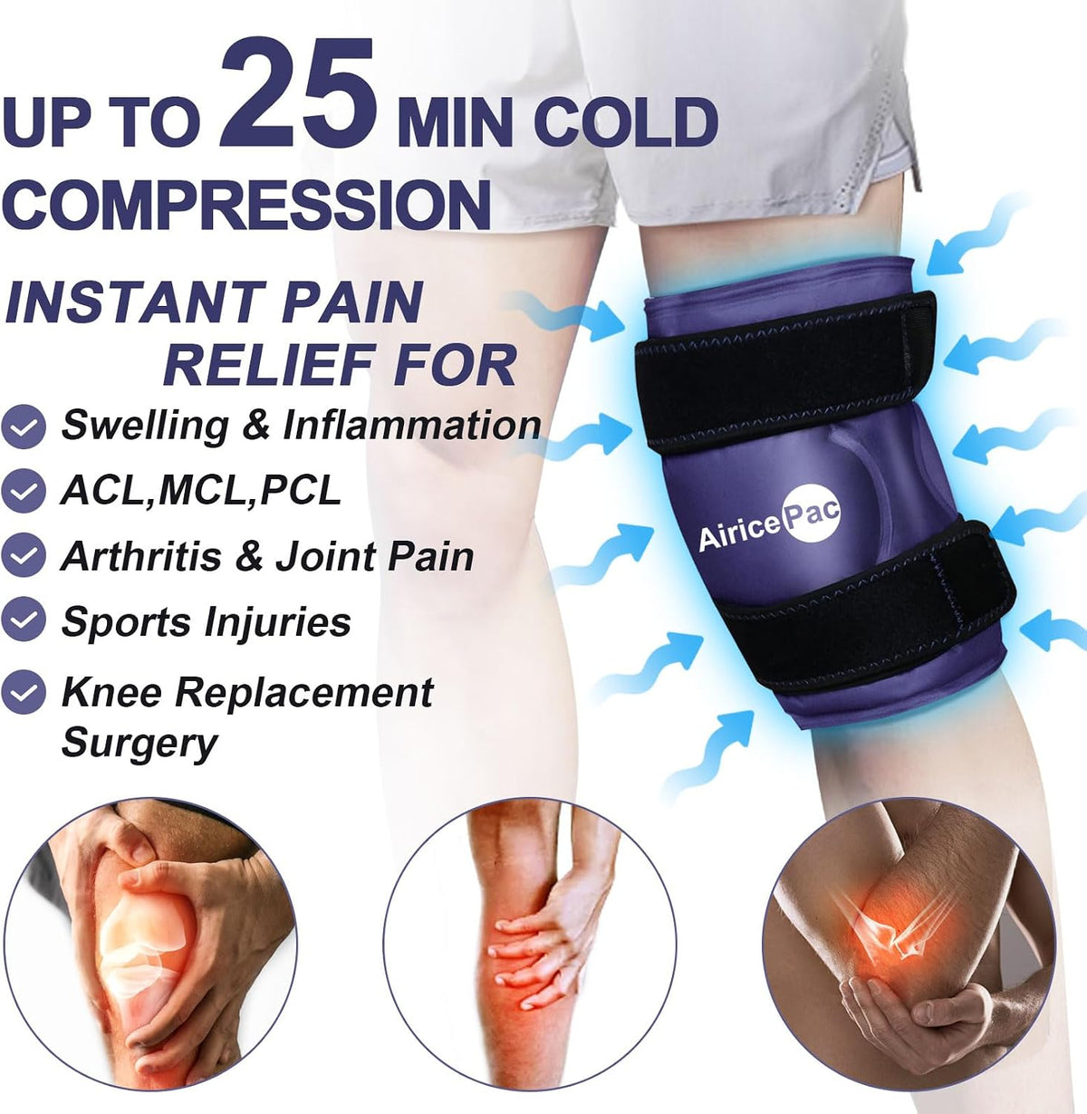 AiricePac Ice Pack for Knee Pain Relief, Reusable Gel Ice Wrap for Injuries, Swelling, Knee Replacement Surgery, Cold Compress Therapy for Arthritis, Meniscus Tear and ACL, Blue