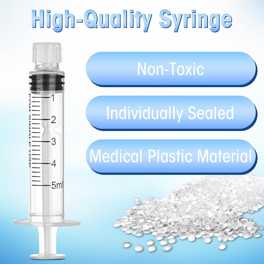 50Pack 5ml/cc Luer Lock Syringe without Needle, Plastic Syringe with Caps for Liquid, Sterile Individually Wrapped