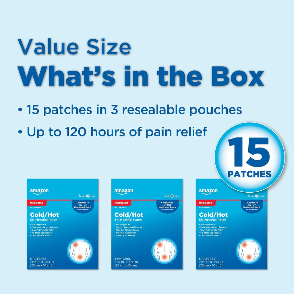 Amazon Basic Care Maximum Strength Pain Relieving Medicated Cold Hot 5% Menthol Patch for Muscle and Joint Pain Relief, 7.87" x 3.93", 15-Count Box (Previously HealthWise)