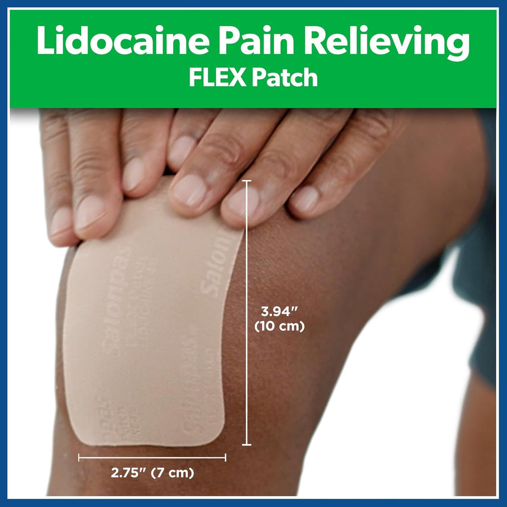 Salonpas Pain Relieving Flex Patch Lidocaine 4%, 7 Count (Pack of 1) | Maximum OTC Strength Lidocaine 4%, Apply for Up To 8 Hours, Temporary Relief of Pain, Patch Contours To Your Body