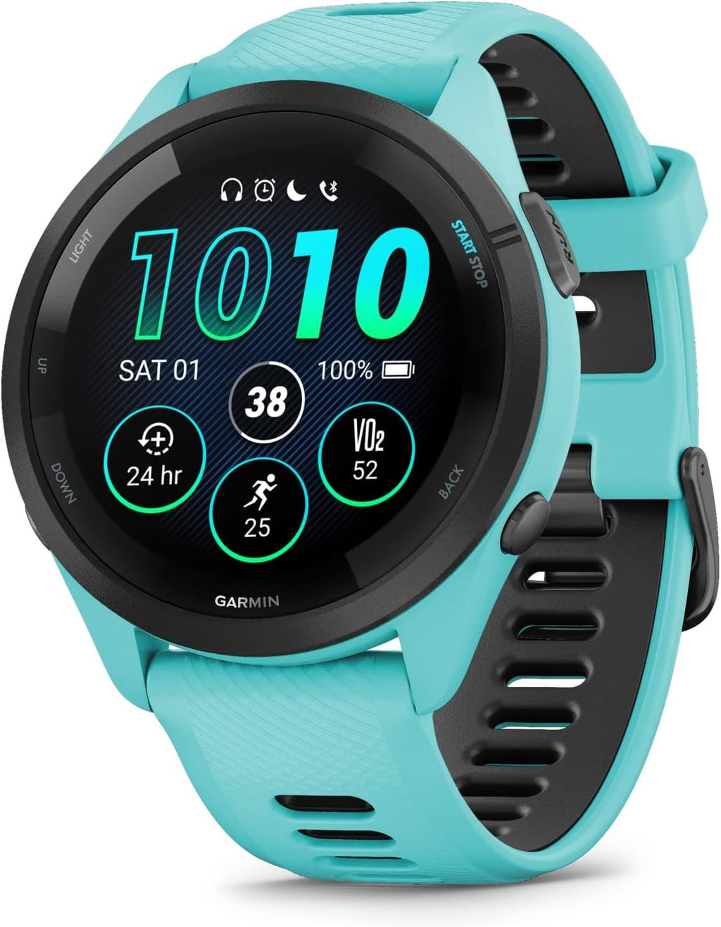 Garmin Forerunner 265 Music GPS Running 46 mm Smartwatch, Aqua with AMOLED 1.3 in Touchscreen Display Black Earbuds Bundle, Aqua +Blk EarBuds