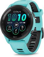 Garmin Forerunner 265 Music GPS Running 46 mm Smartwatch, Aqua with AMOLED 1.3 in Touchscreen Display Black Earbuds Bundle, Aqua +Blk EarBuds