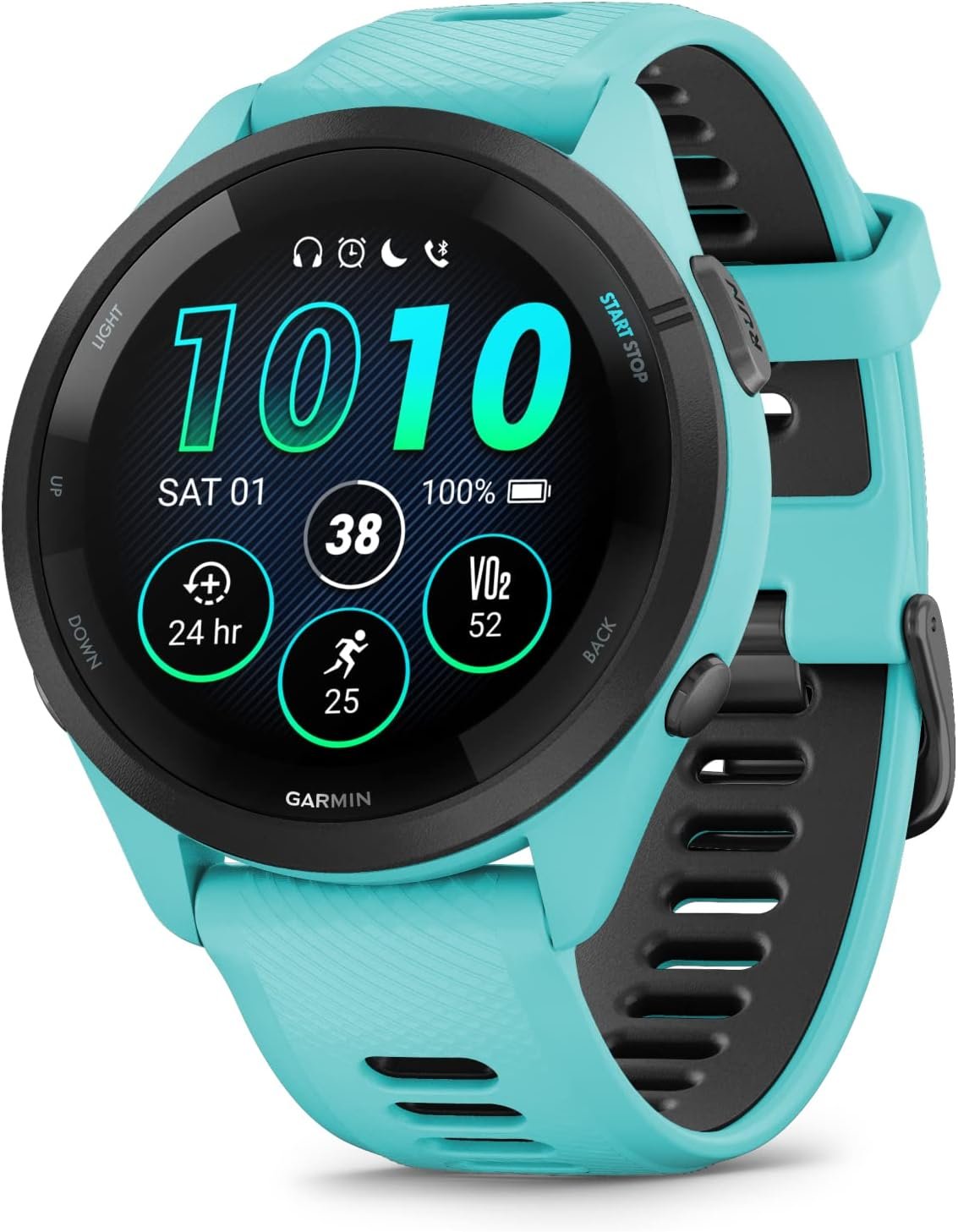 Garmin Forerunner 265 Music GPS Running 46 mm Smartwatch, Aqua with AMOLED 1.3 in Touchscreen Display Black Earbuds Bundle, Aqua +Blk EarBuds