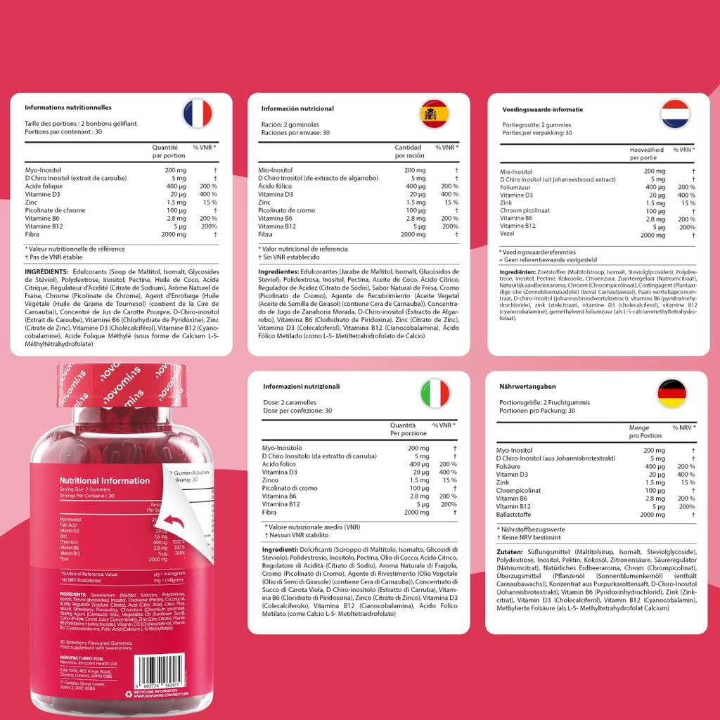 Inositol Myo and D-Chiro Gummies 40:1 - with Inositol, Folic Acid, Chromium, Zinc, Vitamins B6 and D3, and Fiber - Supplement for Female Hormone Balance - Vegan - 60 PCOS Gummies - Novomins