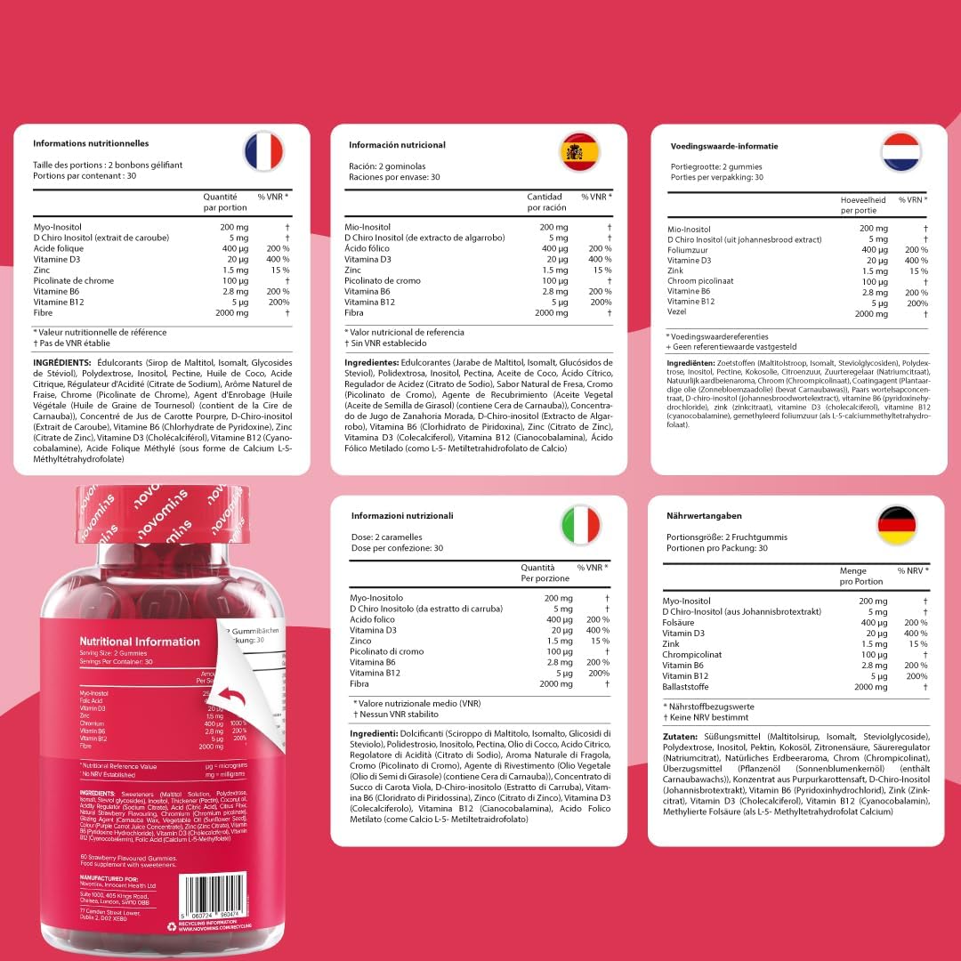 Inositol Myo and D-Chiro Gummies 40:1 - with Inositol, Folic Acid, Chromium, Zinc, Vitamins B6 and D3, and Fiber - Supplement for Female Hormone Balance - Vegan - 60 PCOS Gummies - Novomins