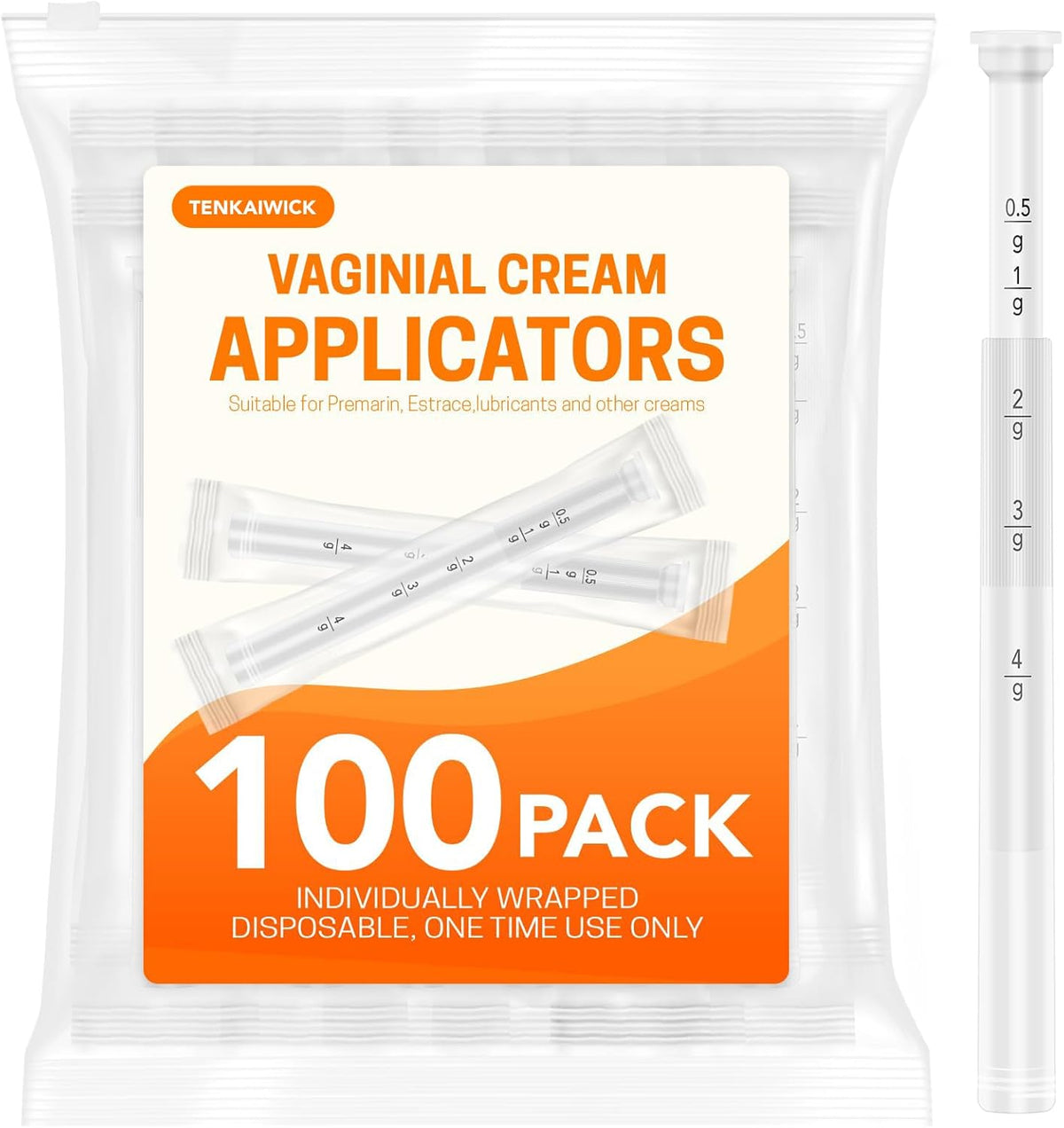 100 PACK Disposable Vaginal Suppository Applicator for Women, Fits Most Lubricants Creams Gels Pills Tablet Suppositories, Threaded End, Soft & Small Tip, with Dosage Markings, Individually Wrapped