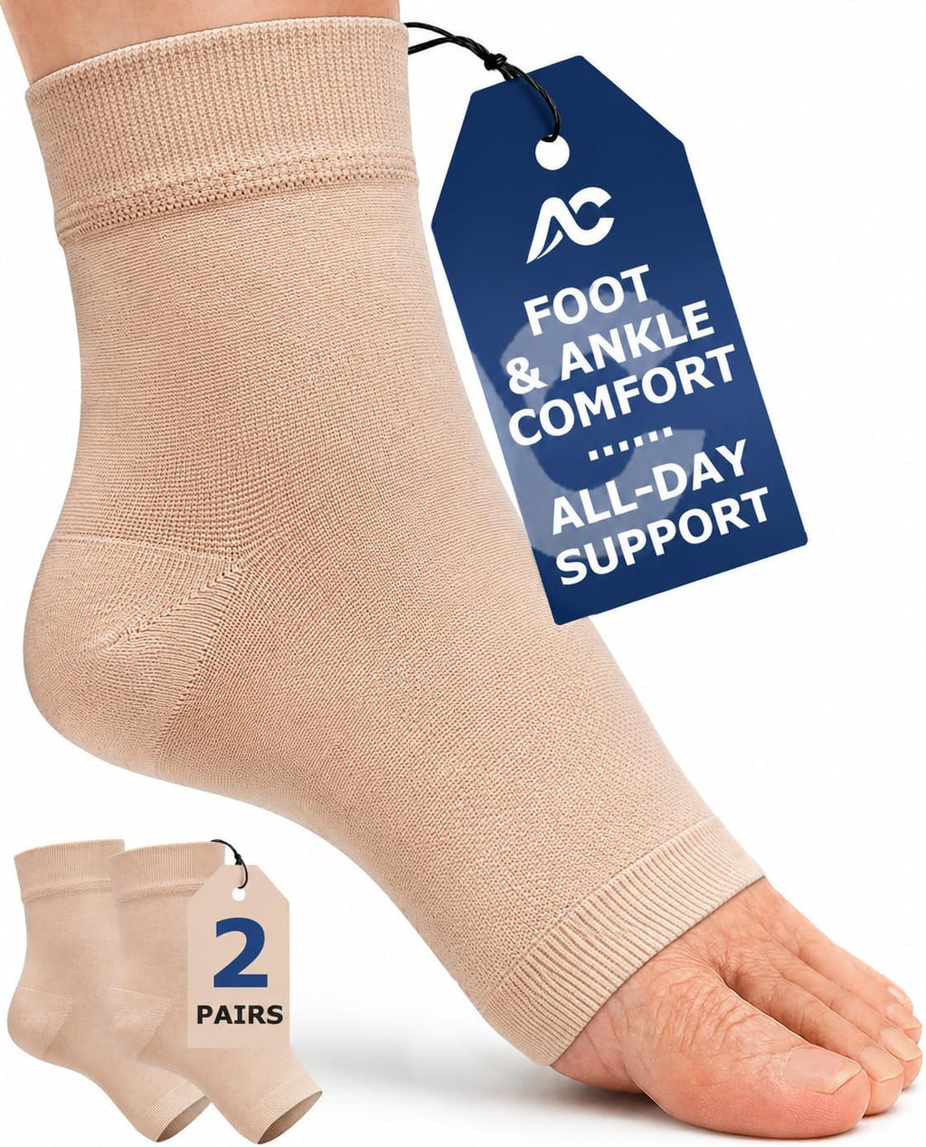 Ankle Brace Compression Sleeve Socks 2 Pack for Women&Men Foot Arch Support | 8-15 mmHg Support for Plantar Fasciitis Relief, Heel Pain, Arch & Ankle Support, Foot Brace, Open Toe Design?Beige S/M?