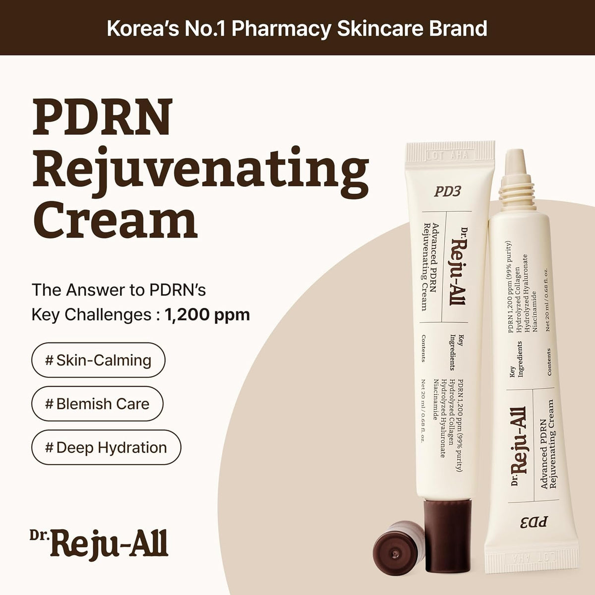 Dr.Reju-All Advanced PDRN Rejuvenating Cream – 99% Pure Salmon DNA Gel Type Face Moisturiser – Optimal 1200ppm for Glass Skin & Plumping – Korean Pharmacy Anti-Aging Skin Care Face Cream - 20ml