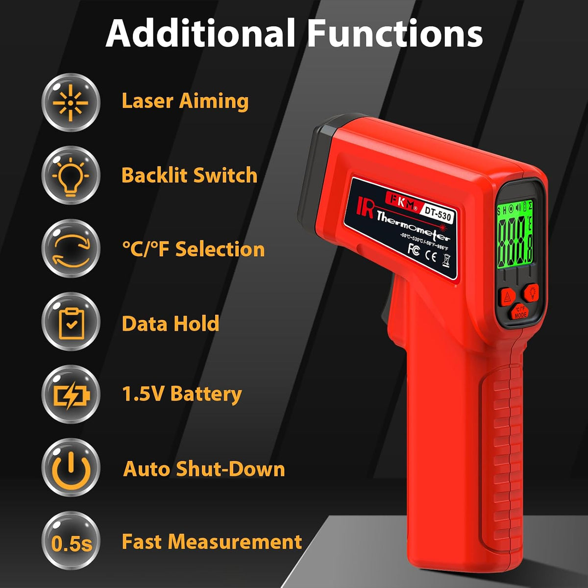 FKM Infrared Thermometer Gun Non-Contact Laser Thermometer Gun -58°F~986°F | (-50°C~530°C) Digital Temperature Gun for Cooking,Oven,Griddle,Automotive,HVAC,Industrial,Adjustable Emissivity,Not for Human