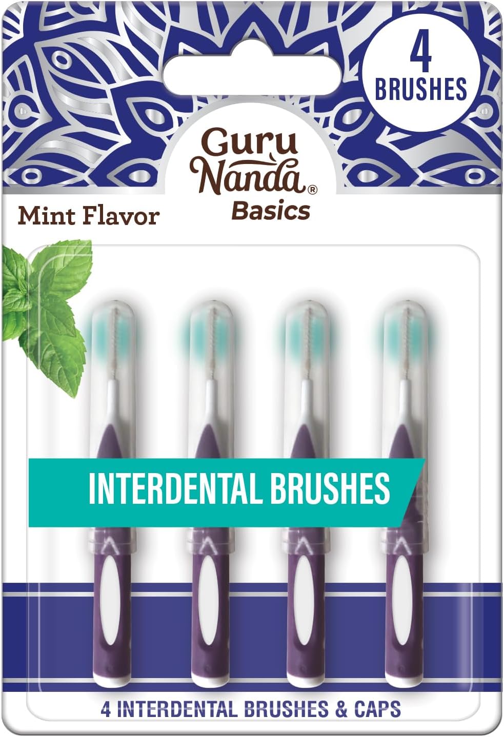 GuruNanda Interdental Brushes with Caps for Braces & Bridges, Mint, 4 ct