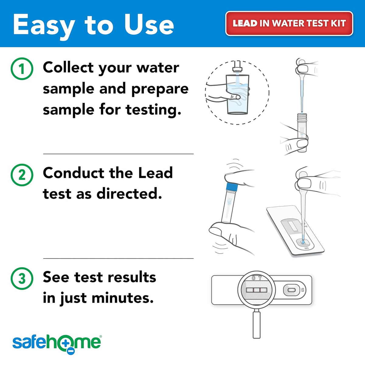 Safe Home® DIY LEAD in Drinking Water Test Kit – At Home Testing for Lead in City Water or Well Water – 10 Minute Test – Single Pack