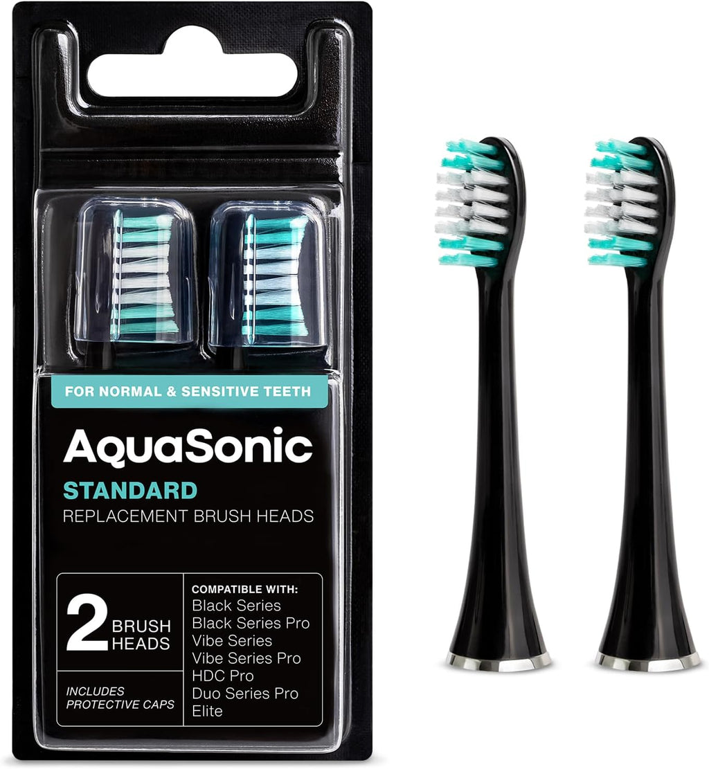AquaSonic Genuine Standard Replacement Brush Heads | ADA Accepted | for Normal & Sensitive Teeth | Compatible with Many AquaSonic Toothbrush Handles (2 Pack Black)