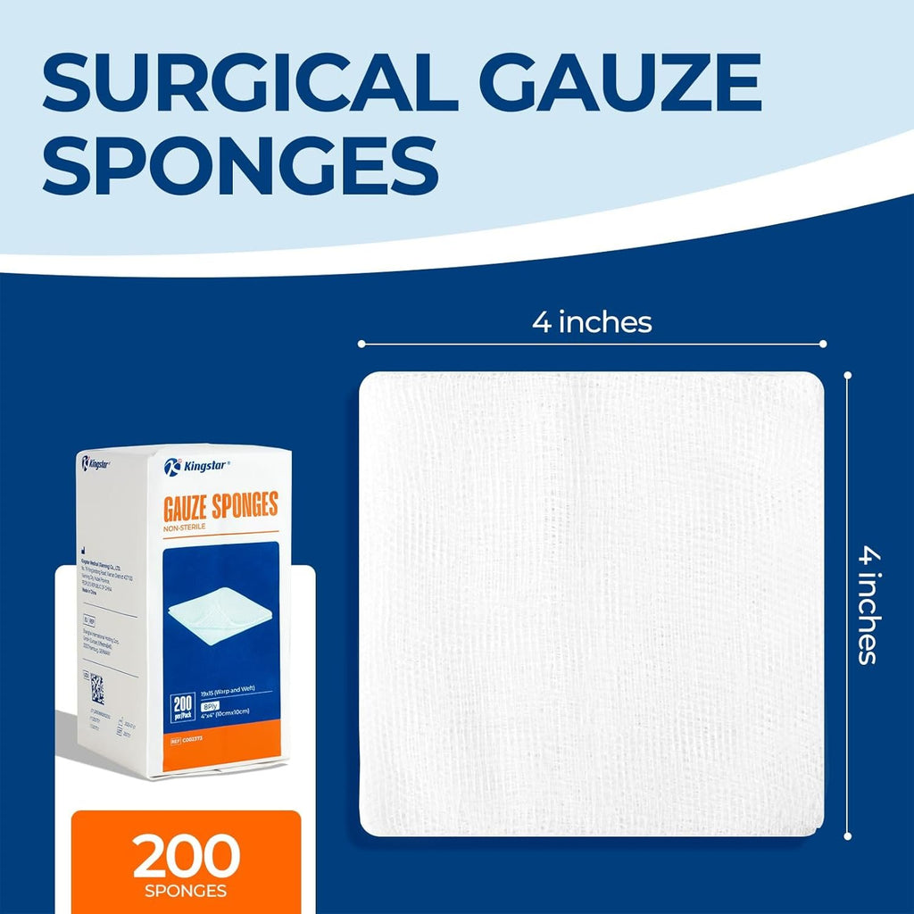 Kingstar 200 Count 4x4 Inch Gauze Sponges 8-Ply | Pure Cotton Woven Gauze Pads for First Aid, Wound Care, Skin Cleansing & Equipment Wiping