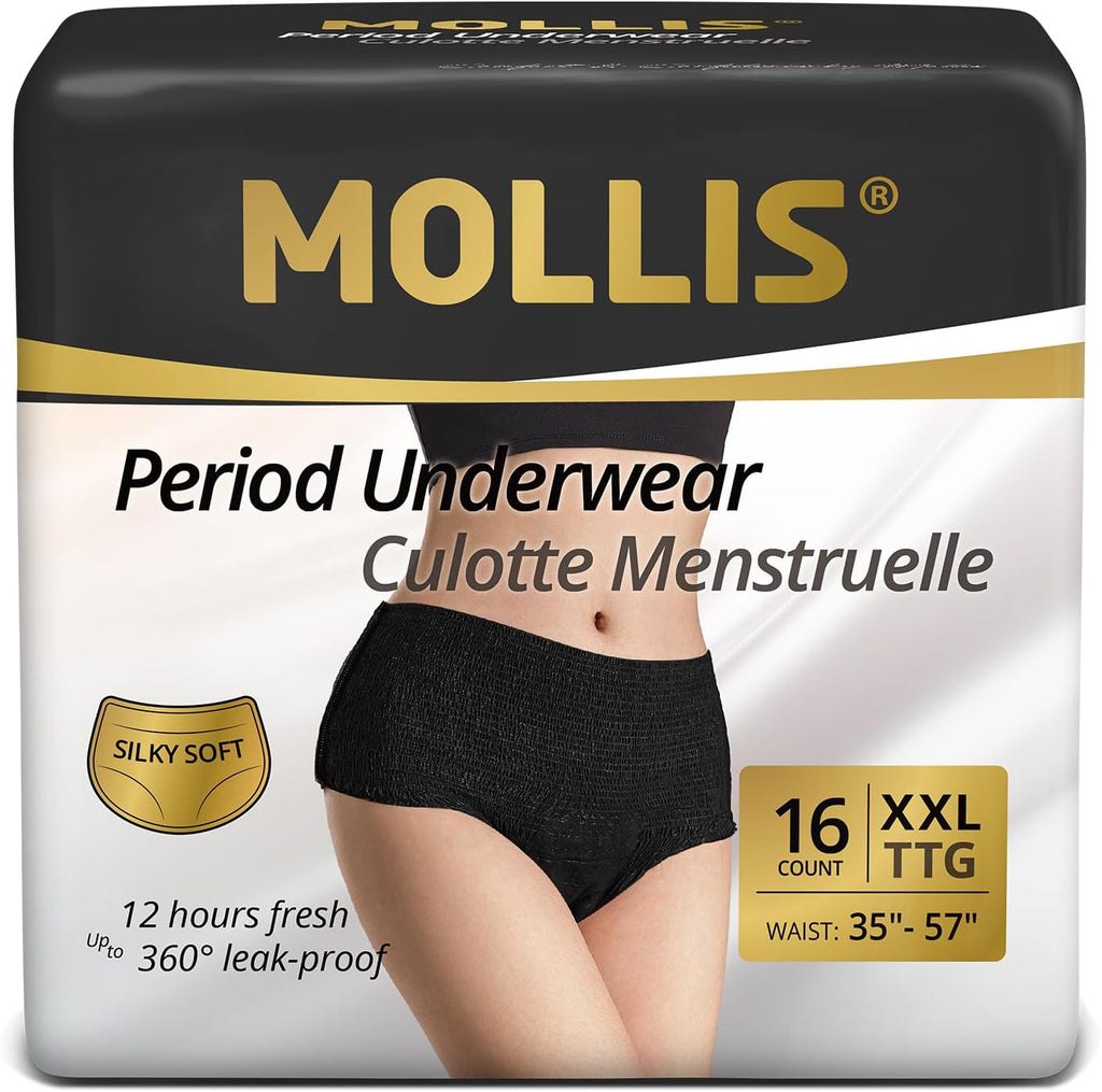 MOLLIS Disposable Period Underwear for Women, Postpartum Panties, Maternity Knickers Heavy Flow Leak Proof, Black, XXlarge, 16 Count