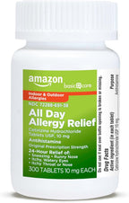 Amazon Basic Care All Day Allergy, Cetirizine Hydrochloride Tablets, 10 mg, 24-Hour Relief for Allergy, 300 Count (Packaging may vary)
