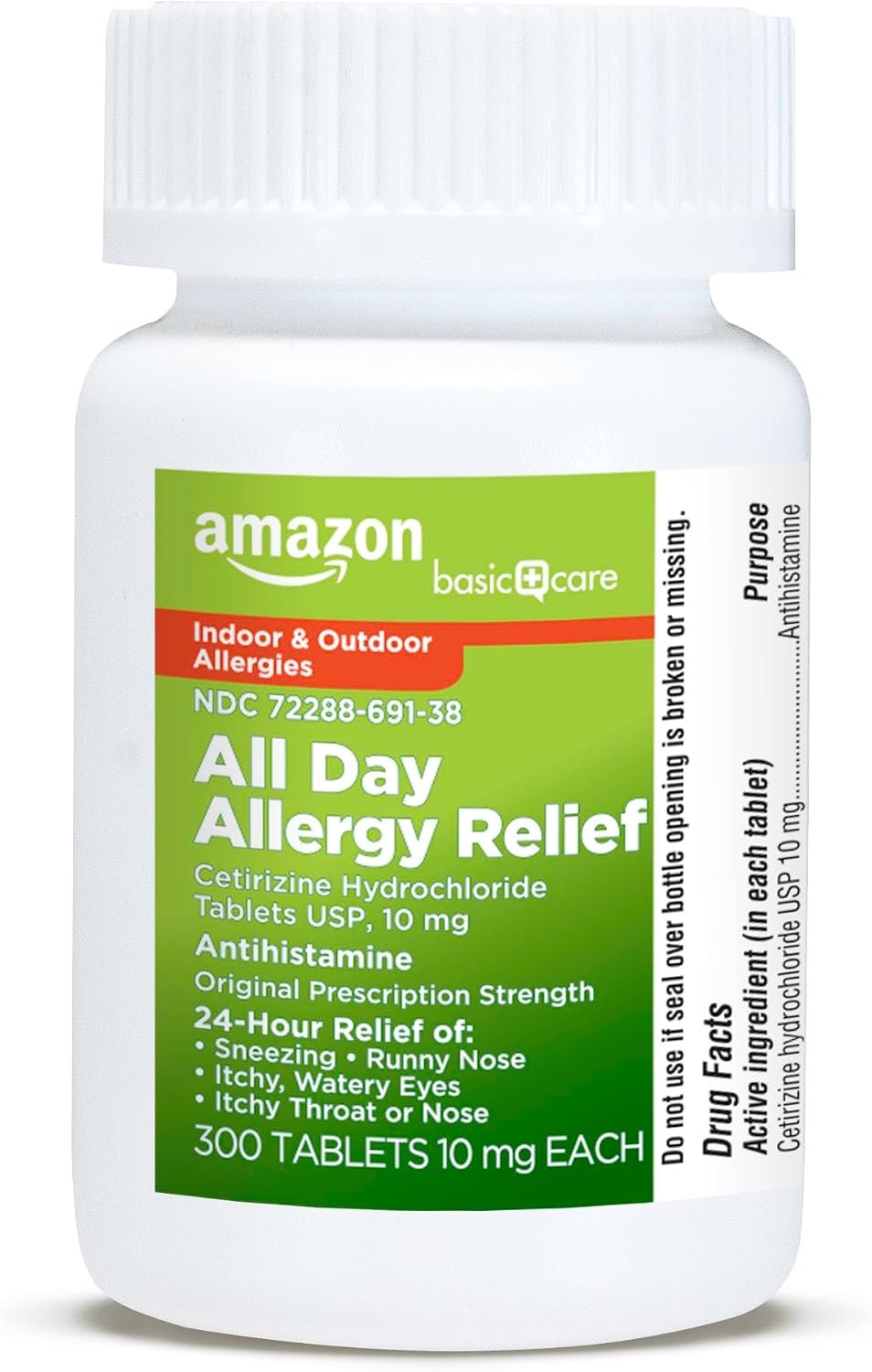 Amazon Basic Care All Day Allergy, Cetirizine Hydrochloride Tablets, 10 mg, 24-Hour Relief for Allergy, 300 Count (Packaging may vary)