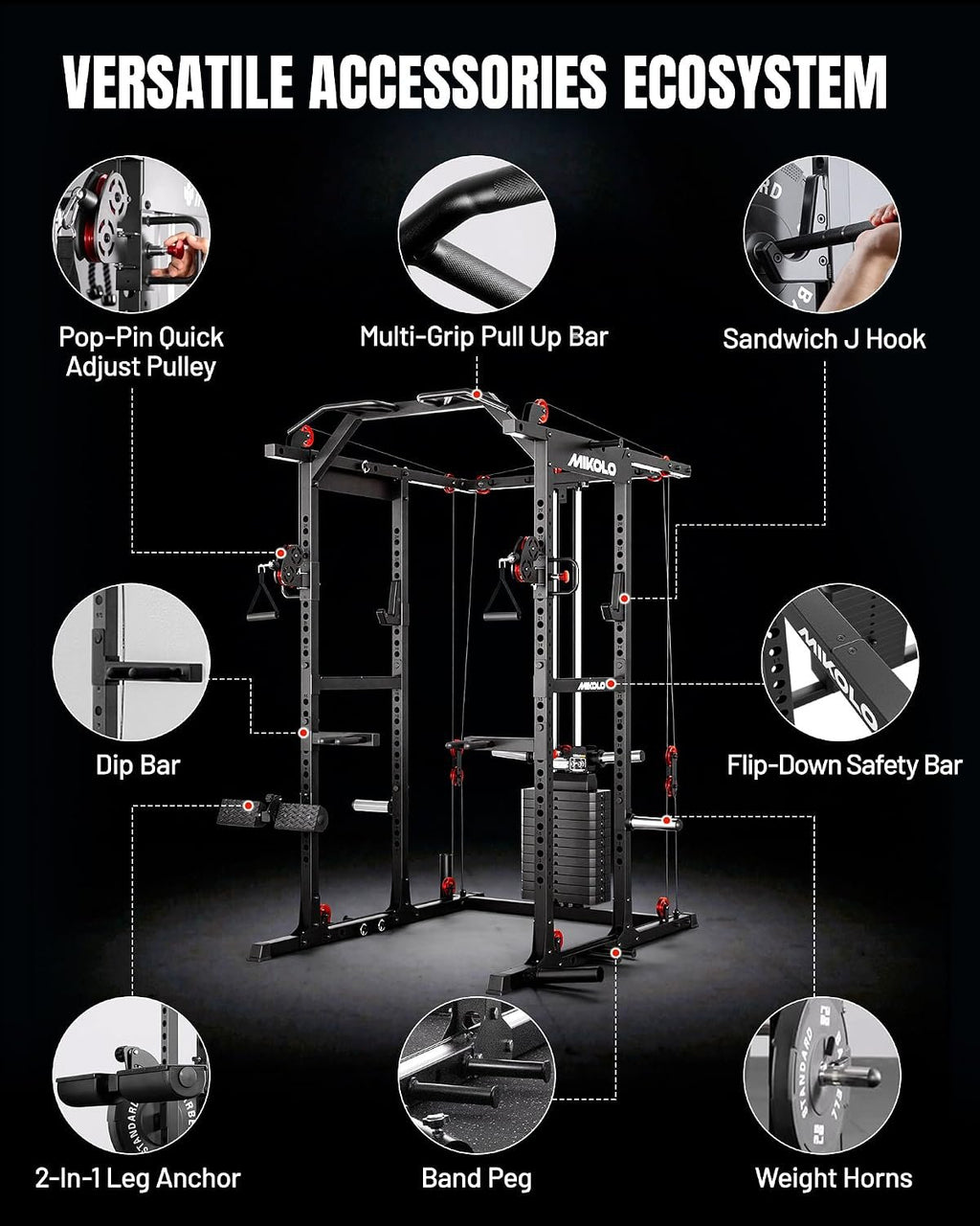 Mikolo K6 2.0 Power Cage, Power Rack with Cable Crossover System, 2000LBS Squat Rack with LAT Pull Down System, Functional Trainer with Aluminum Pulley System for Home Gym