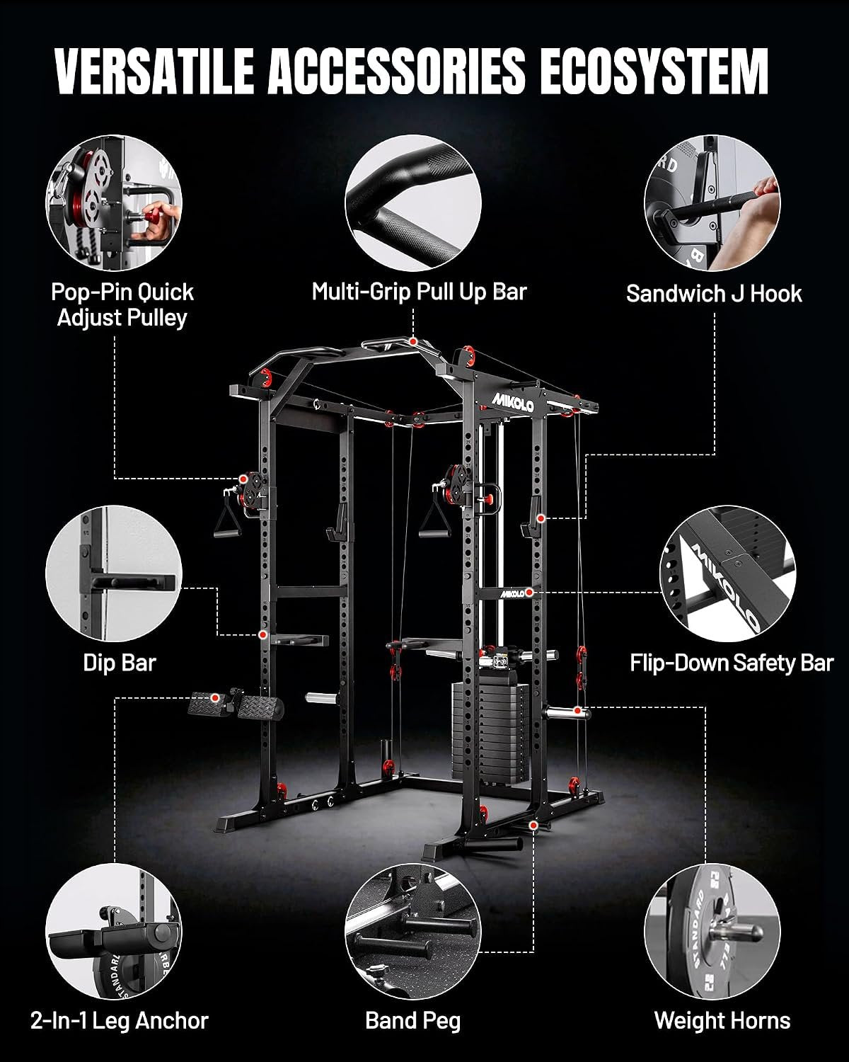 Mikolo K6 2.0 Power Cage, Power Rack with Cable Crossover System, 2000LBS Squat Rack with LAT Pull Down System, Functional Trainer with Aluminum Pulley System for Home Gym