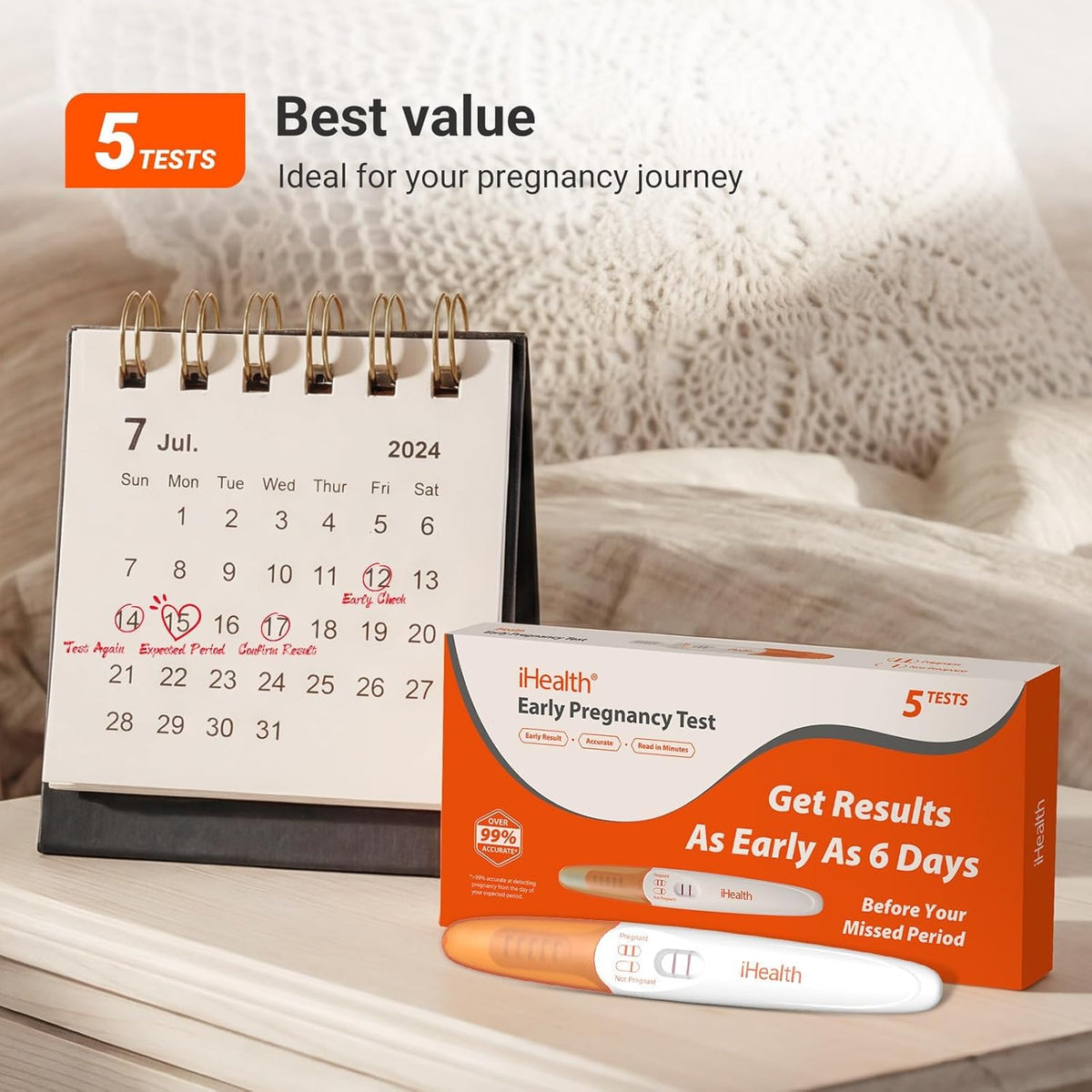 iHealth Pregnancy Test 5-Pack Value Kit - Ultra Sensitive Early Detection(10mIU/mL) - Over 99% Accurate Early Pregnancy Test - Multi-Pack Pruebas De Embarazo for Reliable Home Tracking