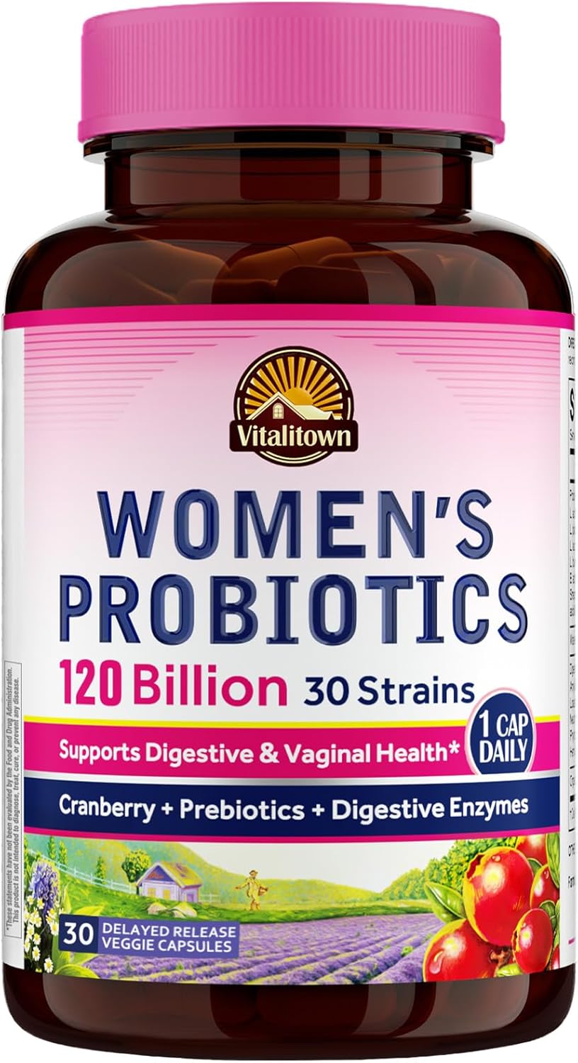 Vitalitown Probiotics for Women 120 Billion CFUs, 30 Strains, with Prebiotics & Digestive Enzymes & Cranberry, Gut & Vaginal Health, Vegan 30 (Pack of 1) Delayed Release Caps