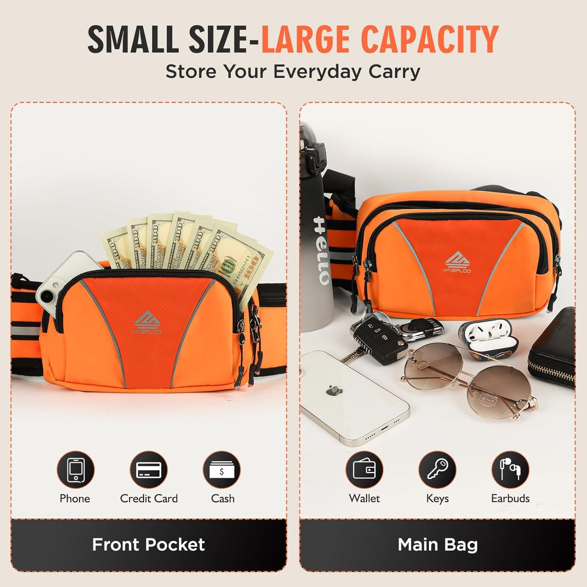 Fanny Pack for Men Women Waist Bag with Water Bottle Holder for Hiking, Travel,Dog Walking, Workout (Orange)